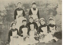 Agnes Vetch, seated in the centre of the front row, with her nursing students from Sakurai Girls School, Tokyo, 1888.