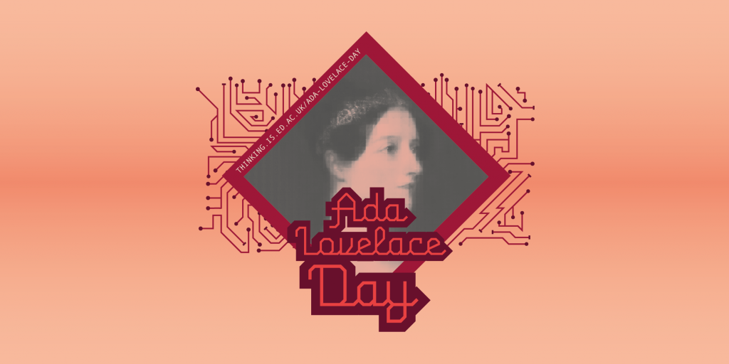 'Ada Lovelace Day' illustrated portrait of Ada with circuit board background.
