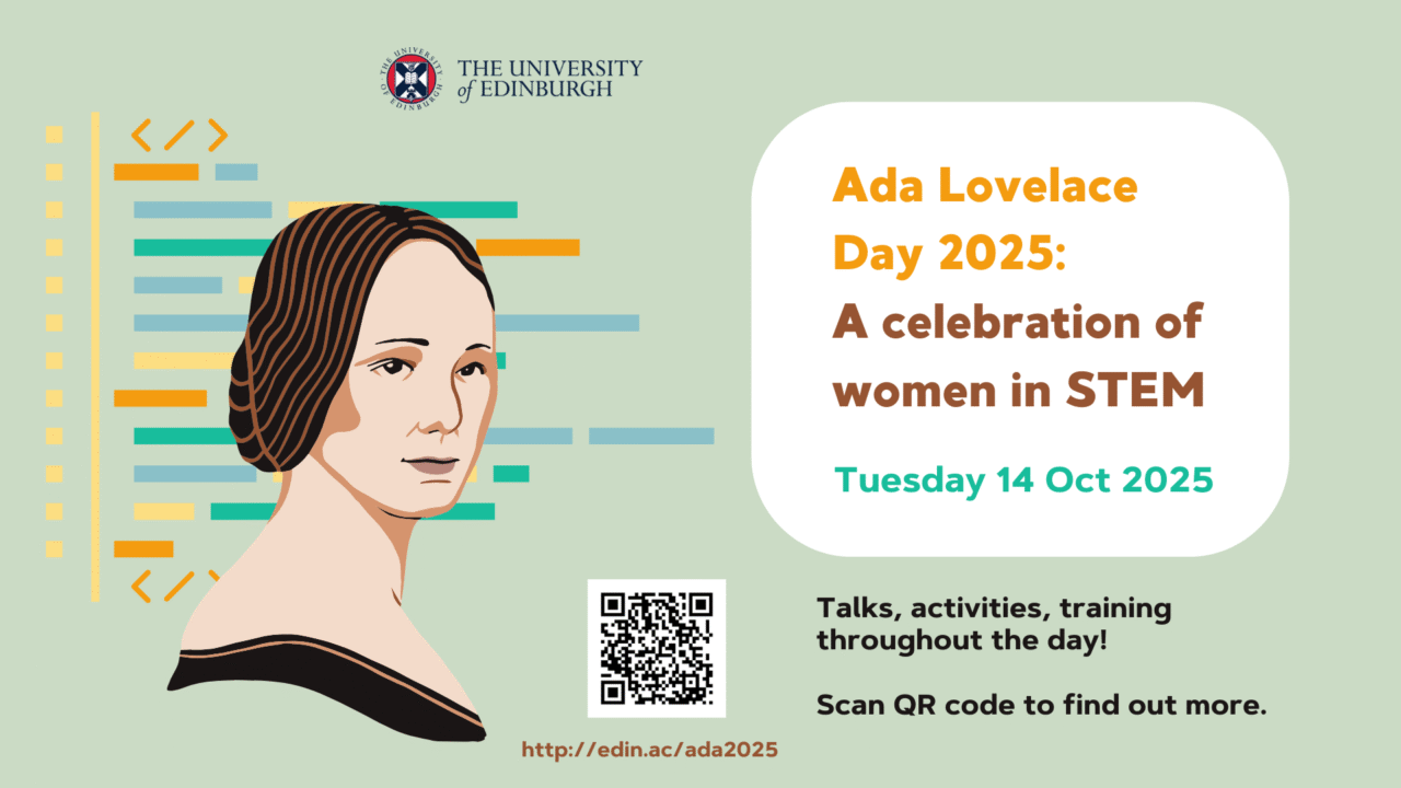 A graphic depicting the face and shoulders of Ada Lovelace and a booking link detailing all the events on 14th of October to celebrate Women in STEM that day