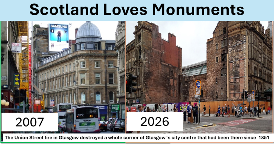 A photo of the Union Street corner building, its four storeys and its dome at the top, taken from Renfield Street and showing a bustling busy city scene with buses. This was in 2007. The image next to it is from 2026, showing the empty space where the buklding was demolished in 2026 following the fire destroying the 1851 building entirely.